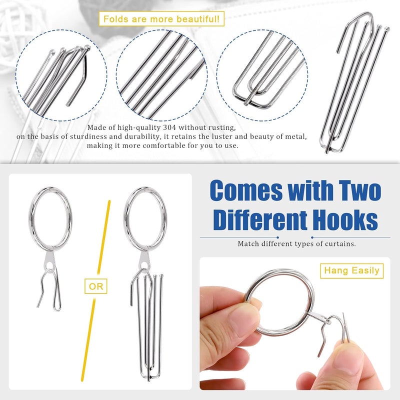 Glarks 120Pcs Silver Metal Drapery Curtain Hanging Rings with Stainless Steel 4 Prongs Curtain Pleat Hooks and Curtain Pin Hooks for Window Door Bathroom Curtain, 30mm Internal Diameter (Silver) - Image 4